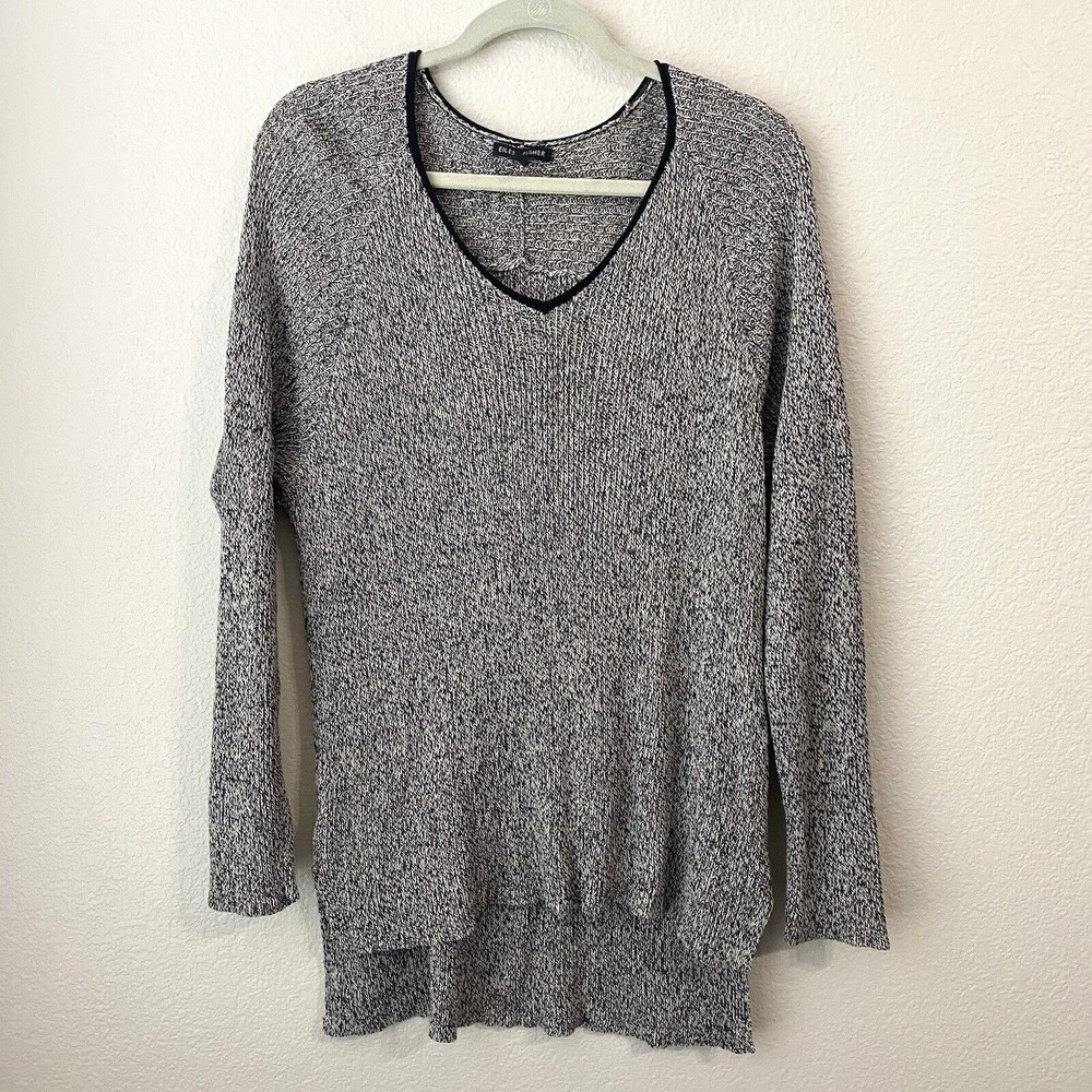 Eileen Fisher Sweater Sz XL Organic Linen Wool Pullover Vneck Hi Lo Black White
